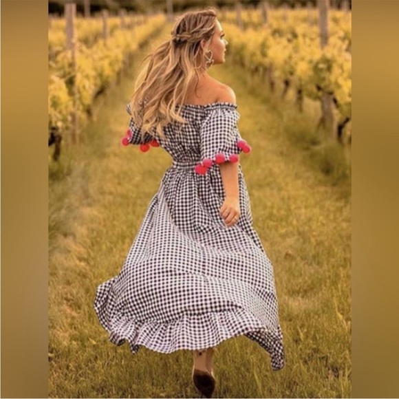 Sundress Alena Gingham Pom Pom Off Shoulder High Low Dress - Picture 4 of 14